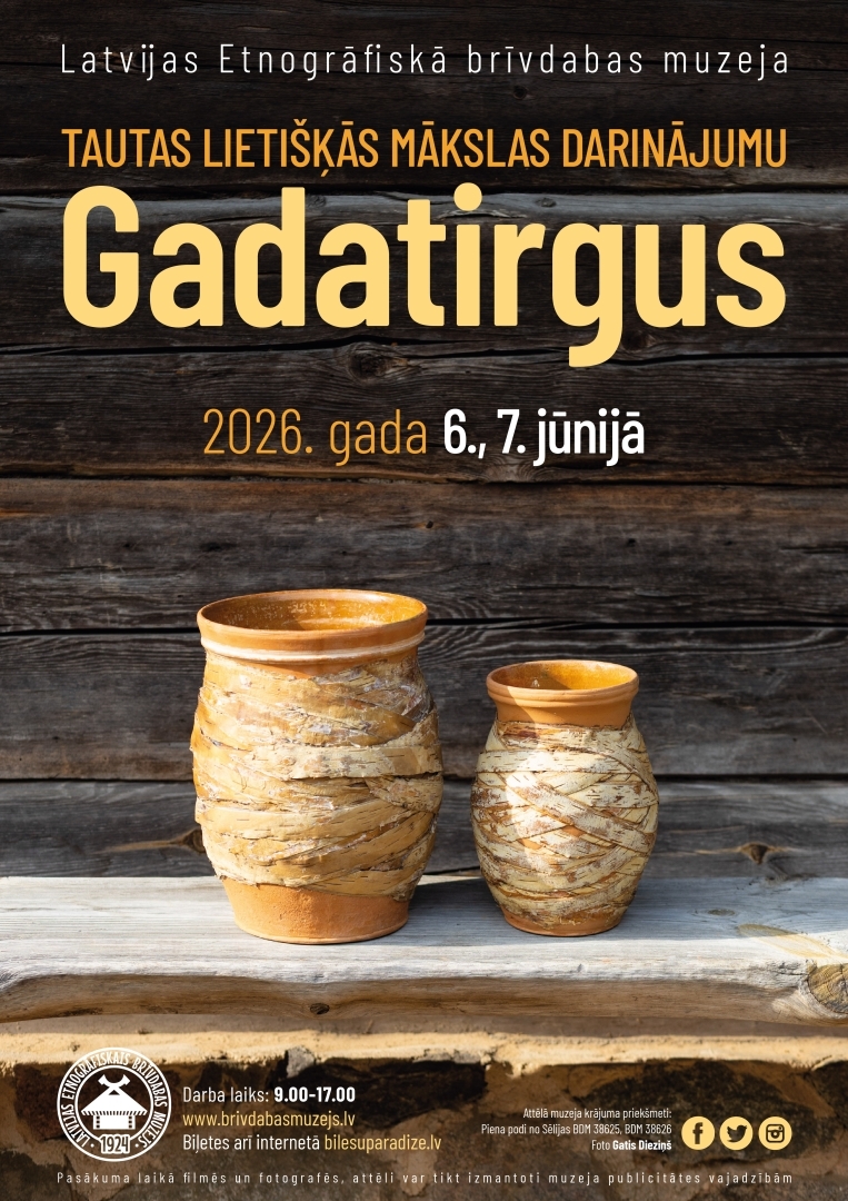 Gadatirgus afiša, kurā redzami divi māla trauki