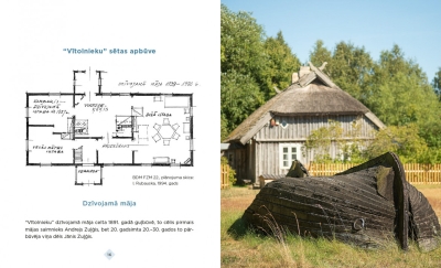 "Vītolnieku" ceļveža atvērums: mājas plāns, ēkas attēls un laiva priekšplānā.