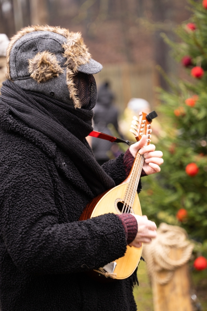 Persona tradicionālā maskā sēž pie izrotātas eglītes un spēlē mandolīnu