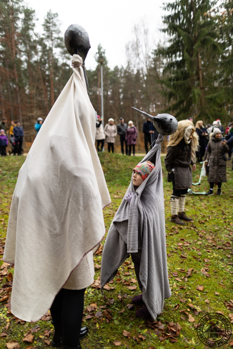 Divas tradicionālās Dzērvju maskas Mārtiņdienas gājienā. 